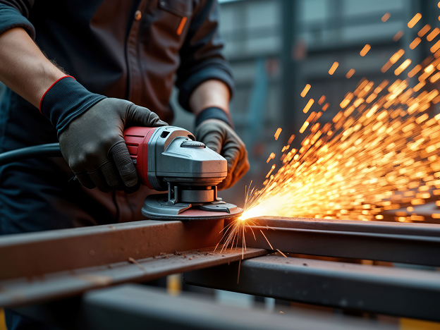 A man wearing safety gear using a grinding tool