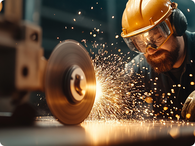 A man wearing a hard hat and goggles using a cutting tool