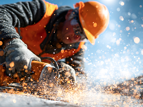 A construction worker with a hard hat and goggles using a cutting tool