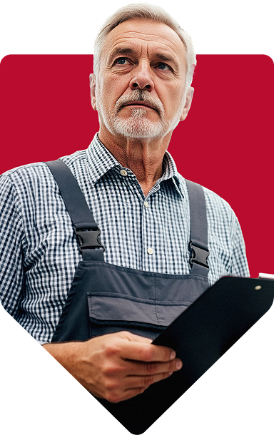 A man in overalls holding a clipboard