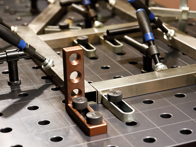 A close-up view of clamps holding a metal fame into position on a workbench